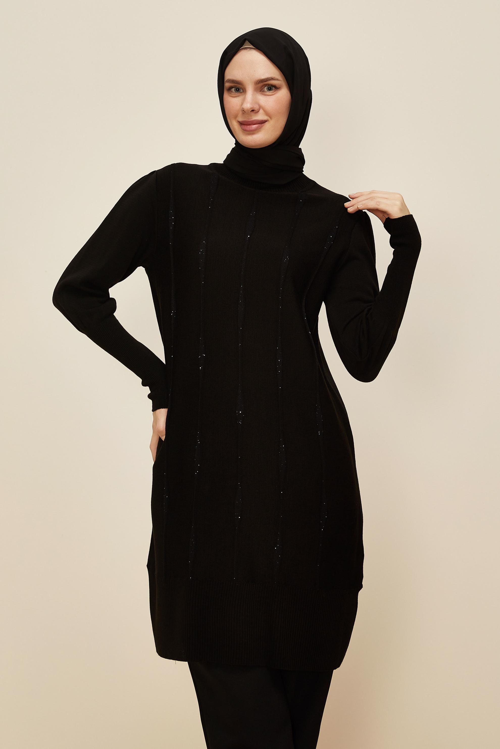 Tesettür giyim SİYAH 45808 TRİKO TUNİK 38-48