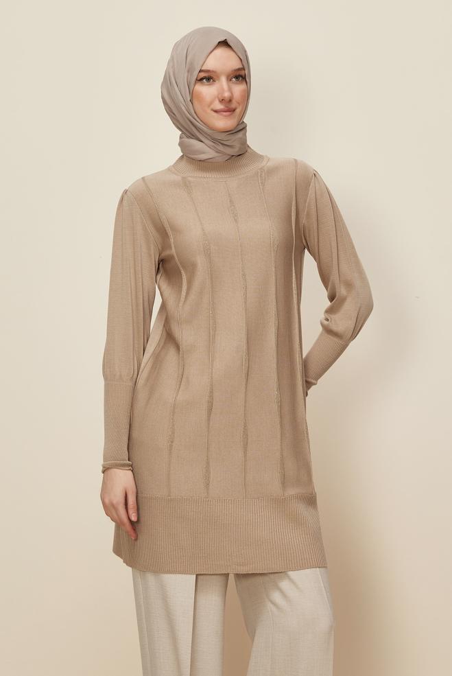 Tesettür giyim BEJ 45808 TRİKO TUNİK 38-48 - ALVİNA