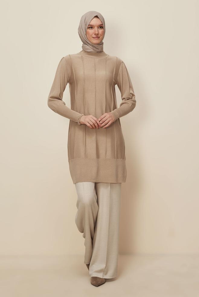 Tesettür giyim BEJ 45808 TRİKO TUNİK 38-48 - ALVİNA