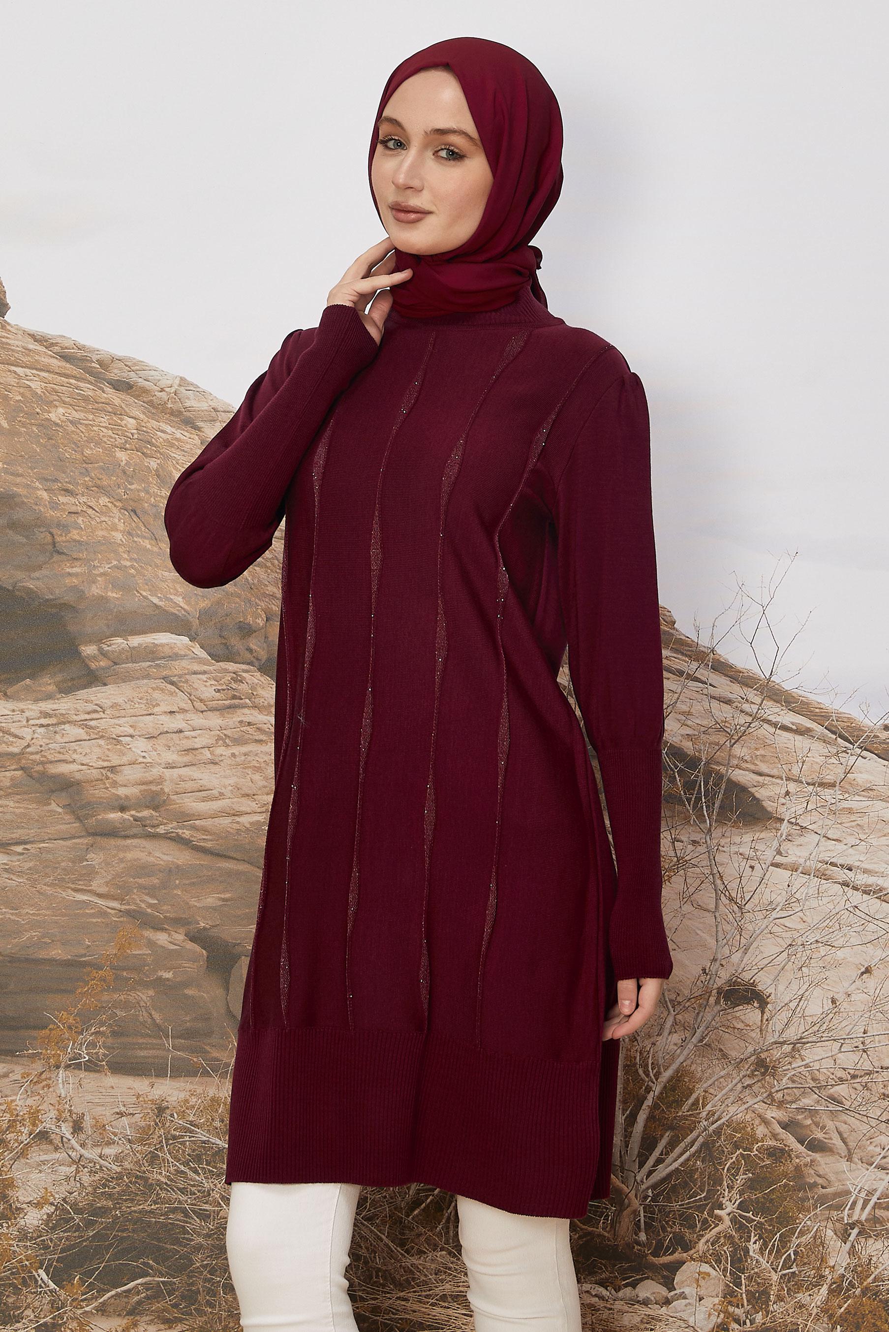 Tesettür giyim BORDO TRİKO TUNİK 45808