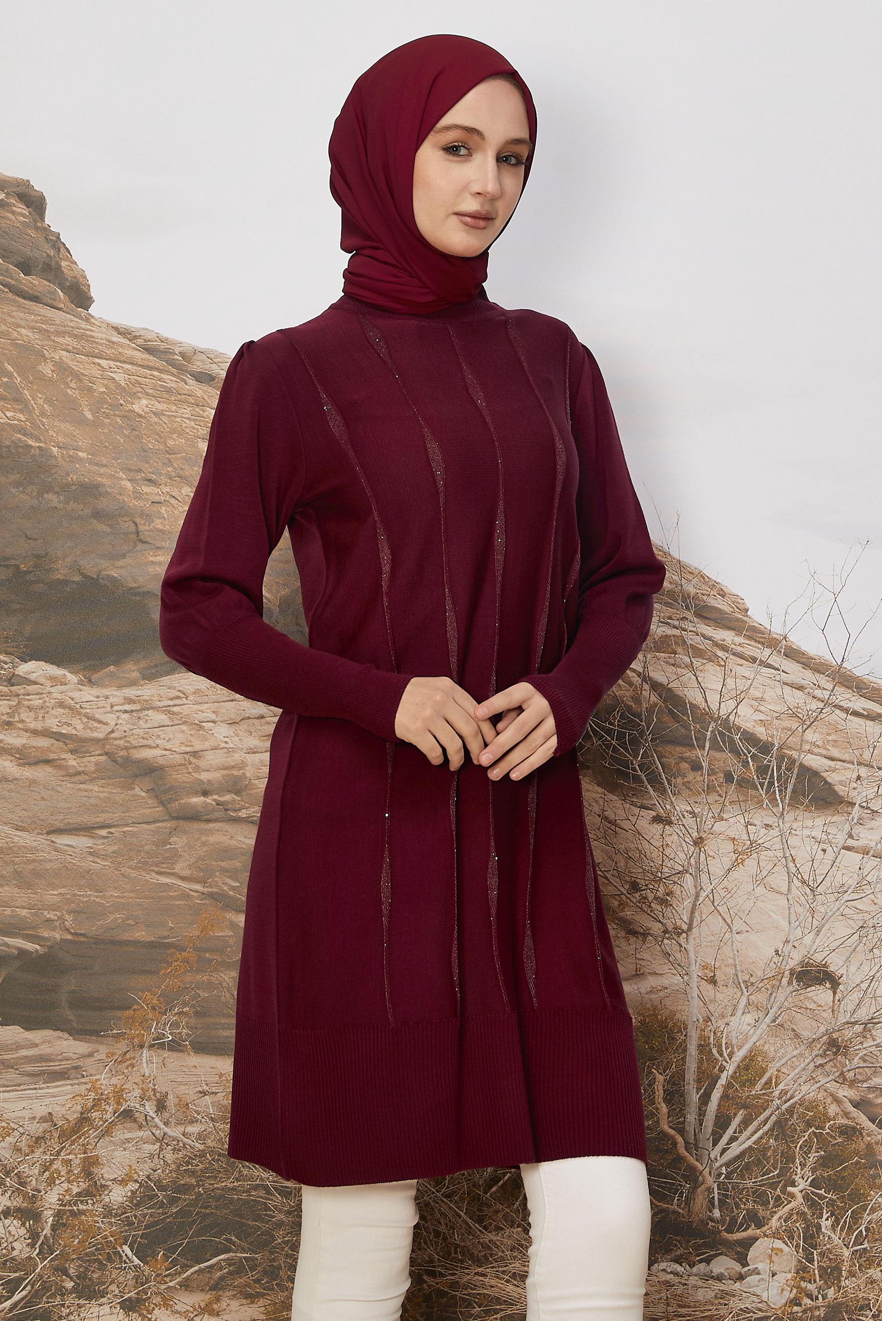 Tesettür giyim BORDO TRİKO TUNİK 45808