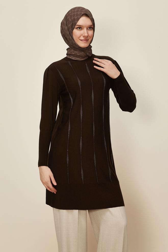 Tesettür giyim KAHVE 45808 TRİKO TUNİK 38-48 - ALVİNA