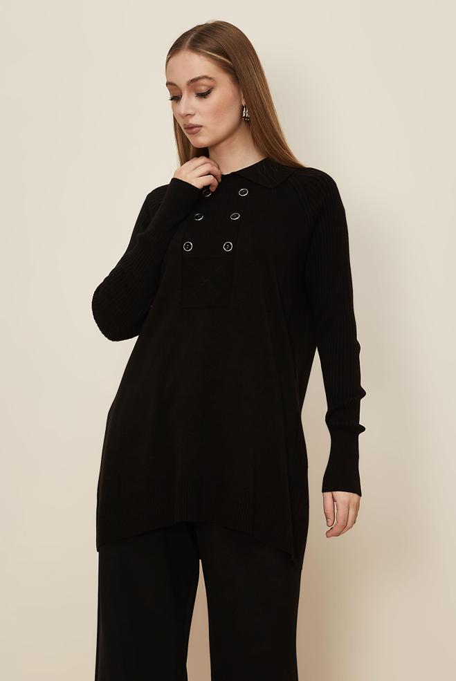 Tesettür giyim SİYAH GÖMLEK YAKA TRİKO TUNİK 45809 - ALVİNA