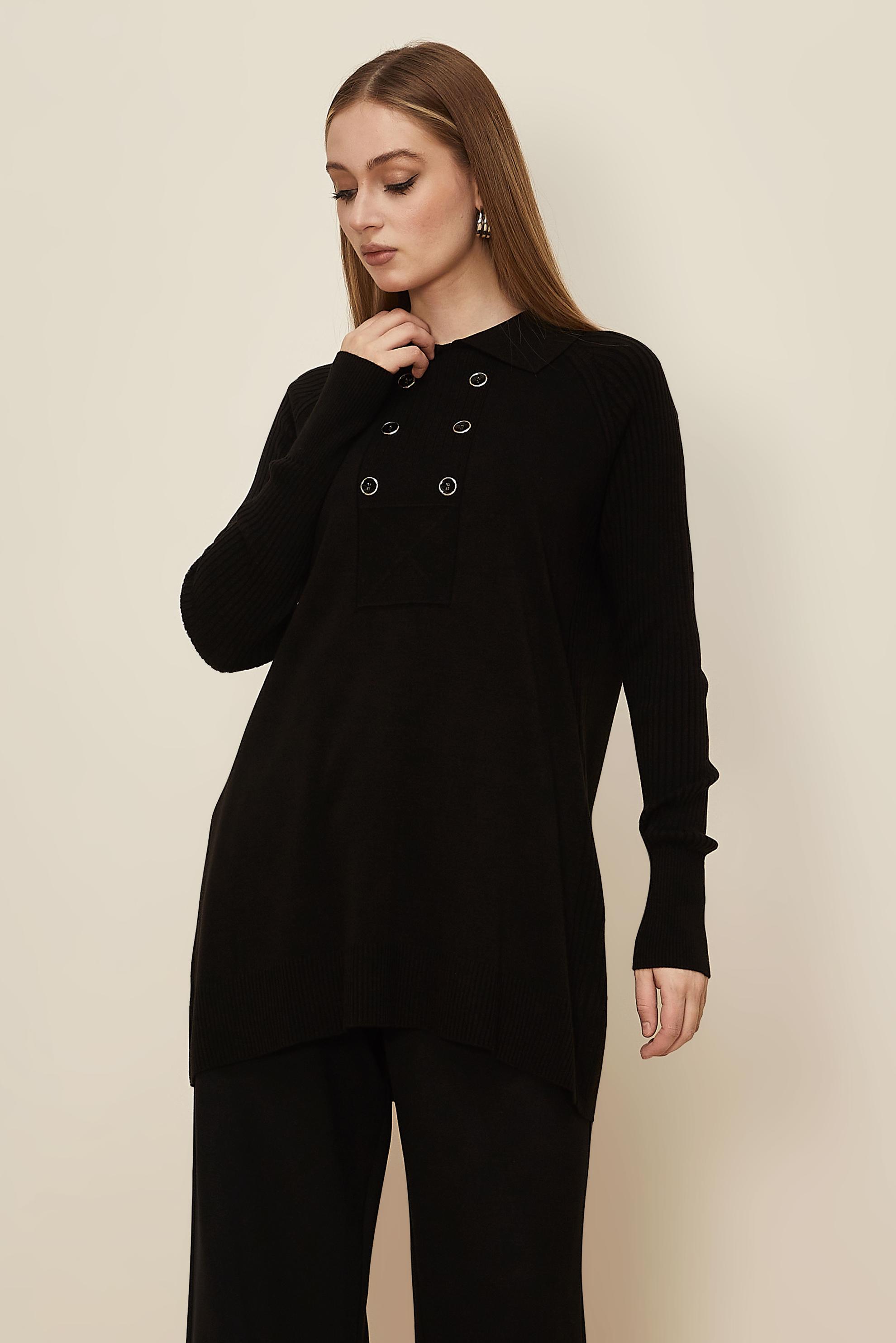 Tesettür giyim SİYAH GÖMLEK YAKA TRİKO TUNİK 45809