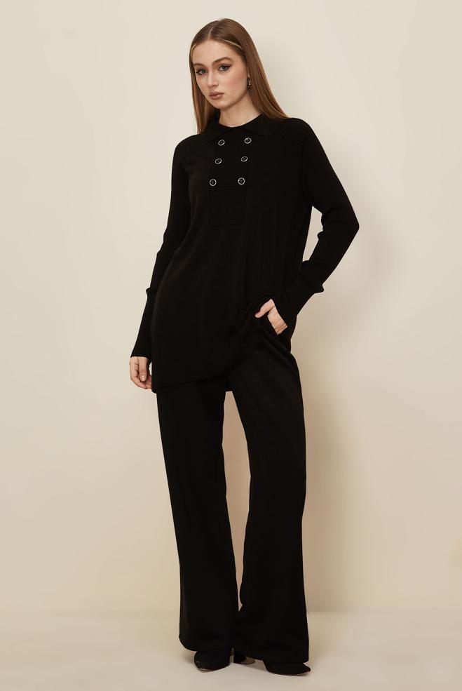 Tesettür giyim SİYAH GÖMLEK YAKA TRİKO TUNİK 45809 - ALVİNA