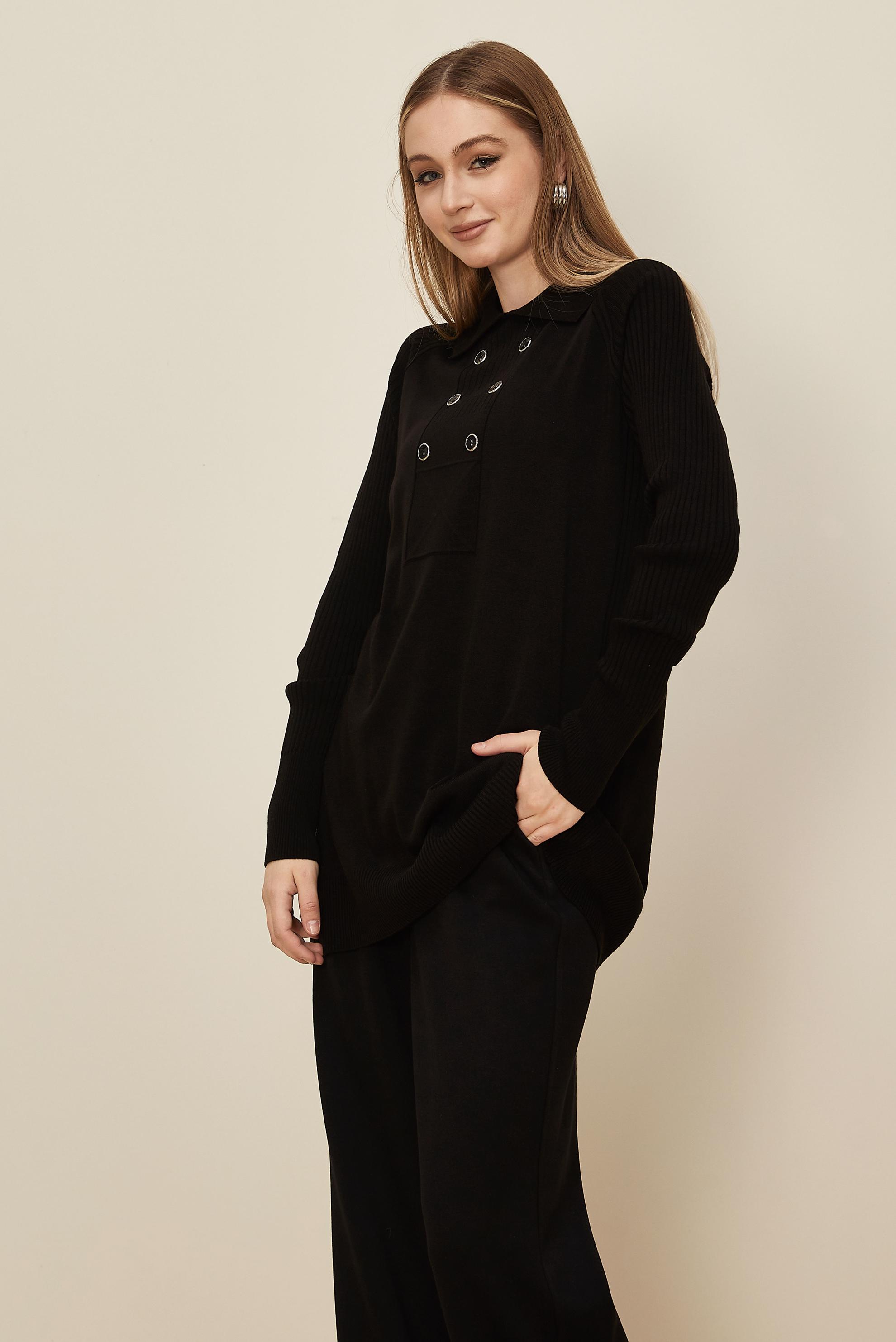 Tesettür giyim SİYAH GÖMLEK YAKA TRİKO TUNİK 45809