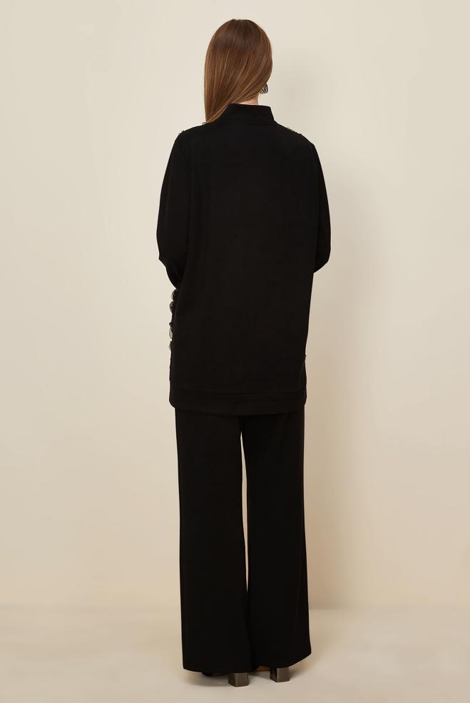 Tesettür giyim SİYAH GÖMLEK YAKA TRİKO TUNİK 45809 - ALVİNA