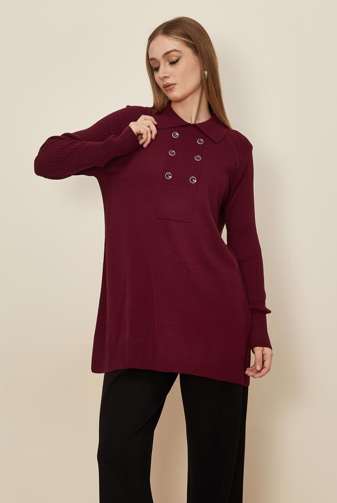 Tesettür giyim BORDO GÖMLEK YAKA TRİKO TUNİK 45809 - ALVİNA