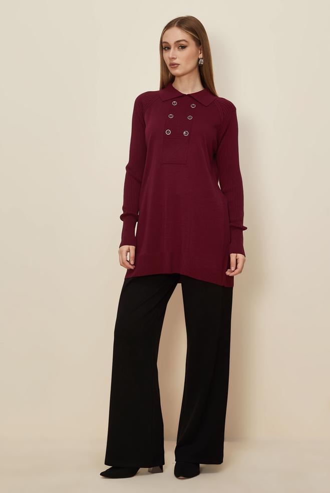 Tesettür giyim BORDO GÖMLEK YAKA TRİKO TUNİK 45809 - ALVİNA