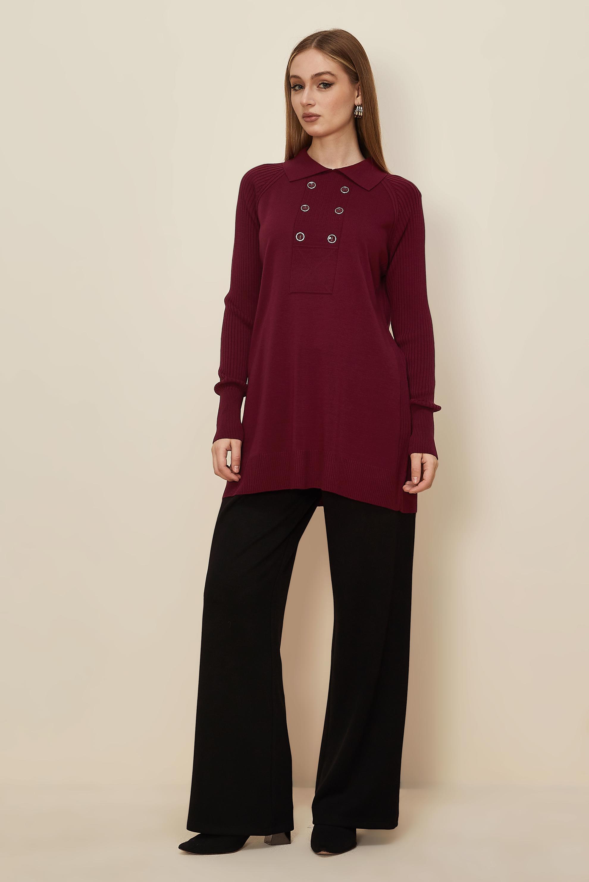 Tesettür giyim BORDO GÖMLEK YAKA TRİKO TUNİK 45809