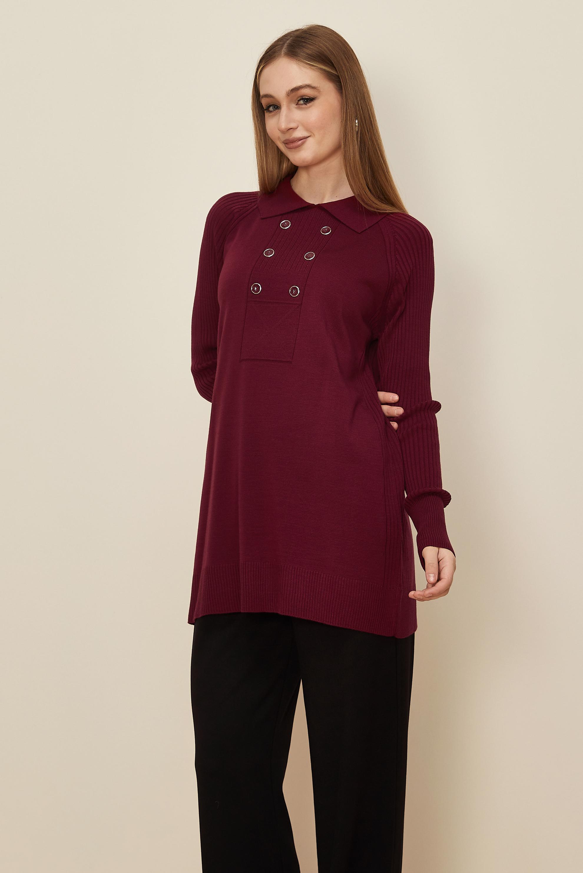 Tesettür giyim BORDO GÖMLEK YAKA TRİKO TUNİK 45809