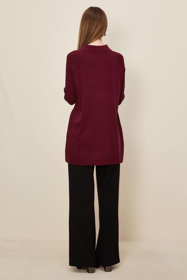 Tesettür giyim BORDO GÖMLEK YAKA TRİKO TUNİK 45809 - ALVİNA