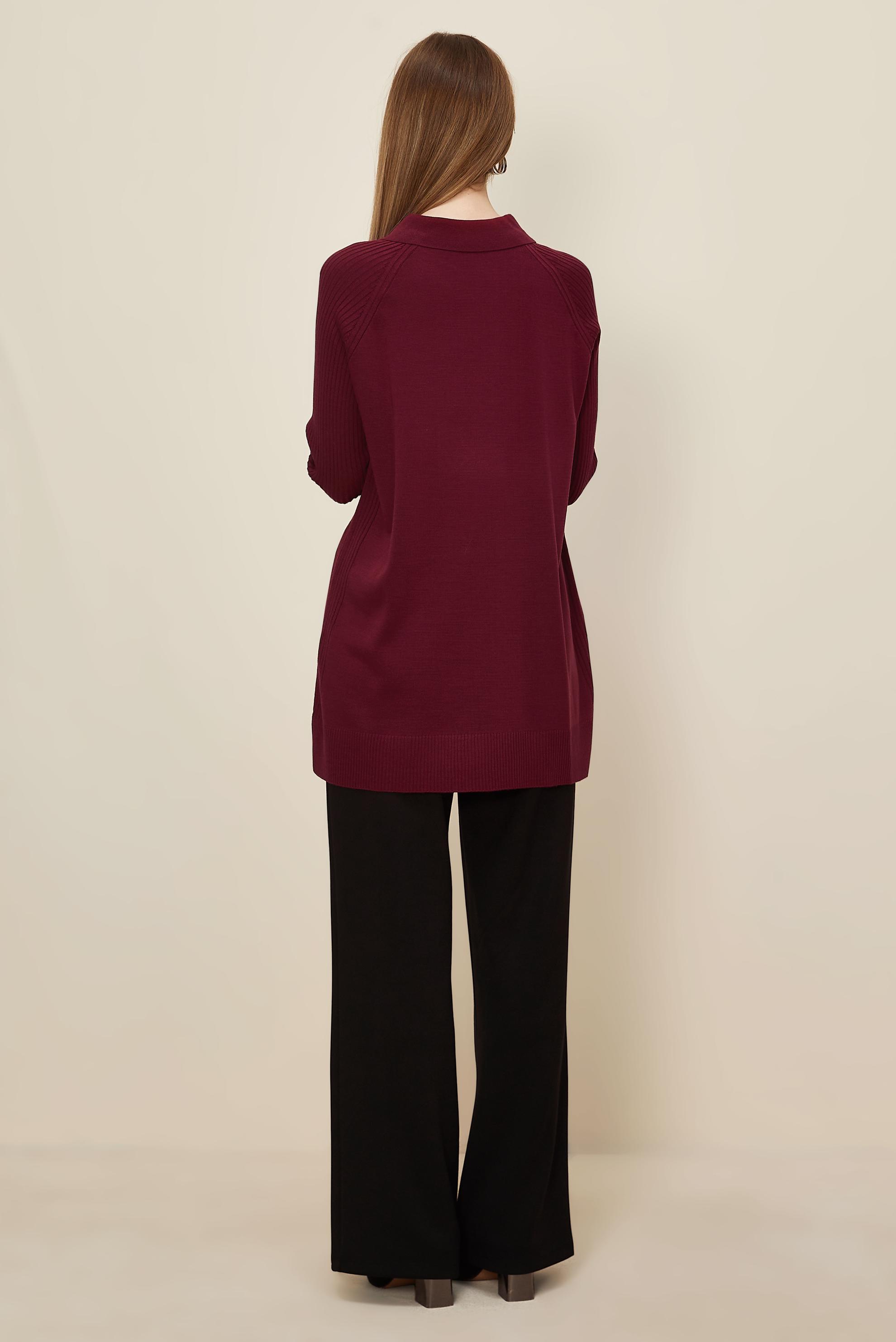 Tesettür giyim BORDO GÖMLEK YAKA TRİKO TUNİK 45809