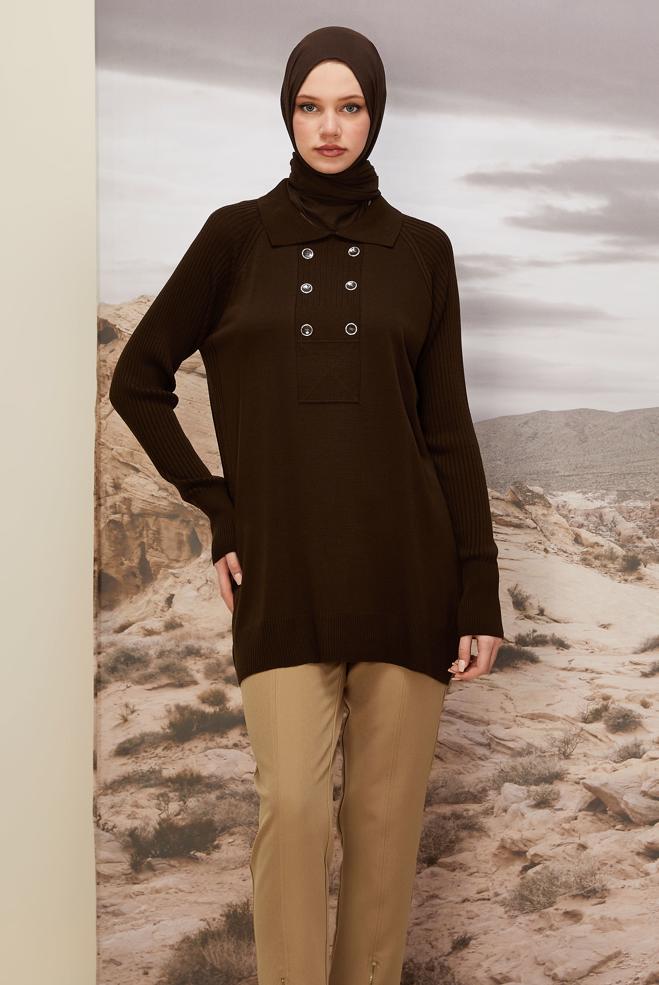 Vêtements hijab BRUN TUNIQUE EN MAILLE À COL CHEMISE 45809 - ALVİNA