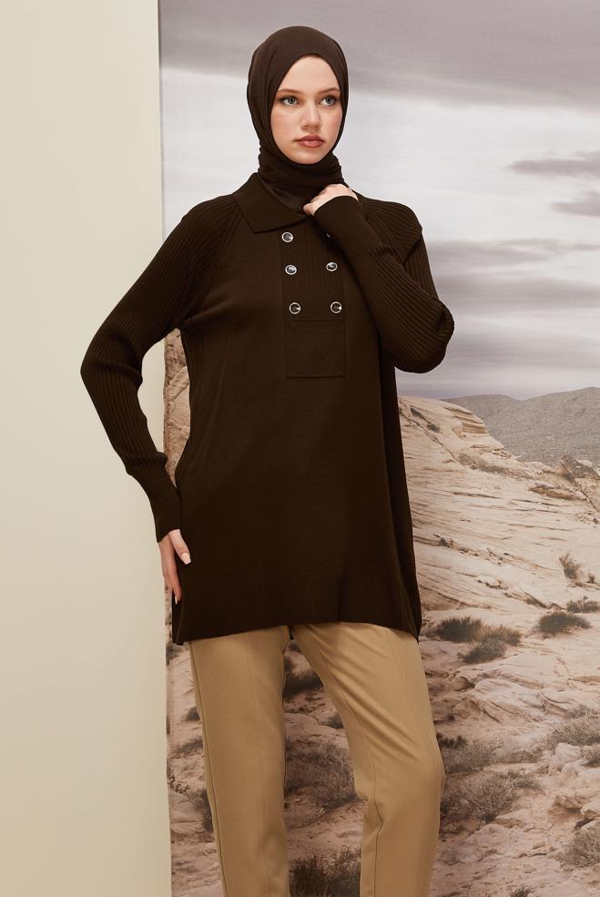 Vêtements hijab BRUN TUNIQUE EN MAILLE À COL CHEMISE 45809 - ALVİNA