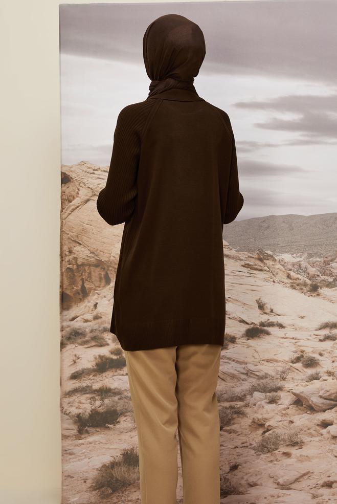 Vêtements hijab BRUN TUNIQUE EN MAILLE À COL CHEMISE 45809 - ALVİNA