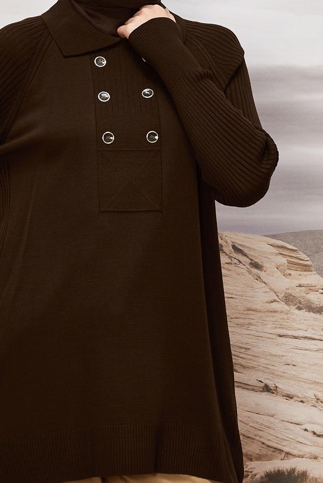 Vêtements hijab BRUN TUNIQUE EN MAILLE À COL CHEMISE 45809 - ALVİNA