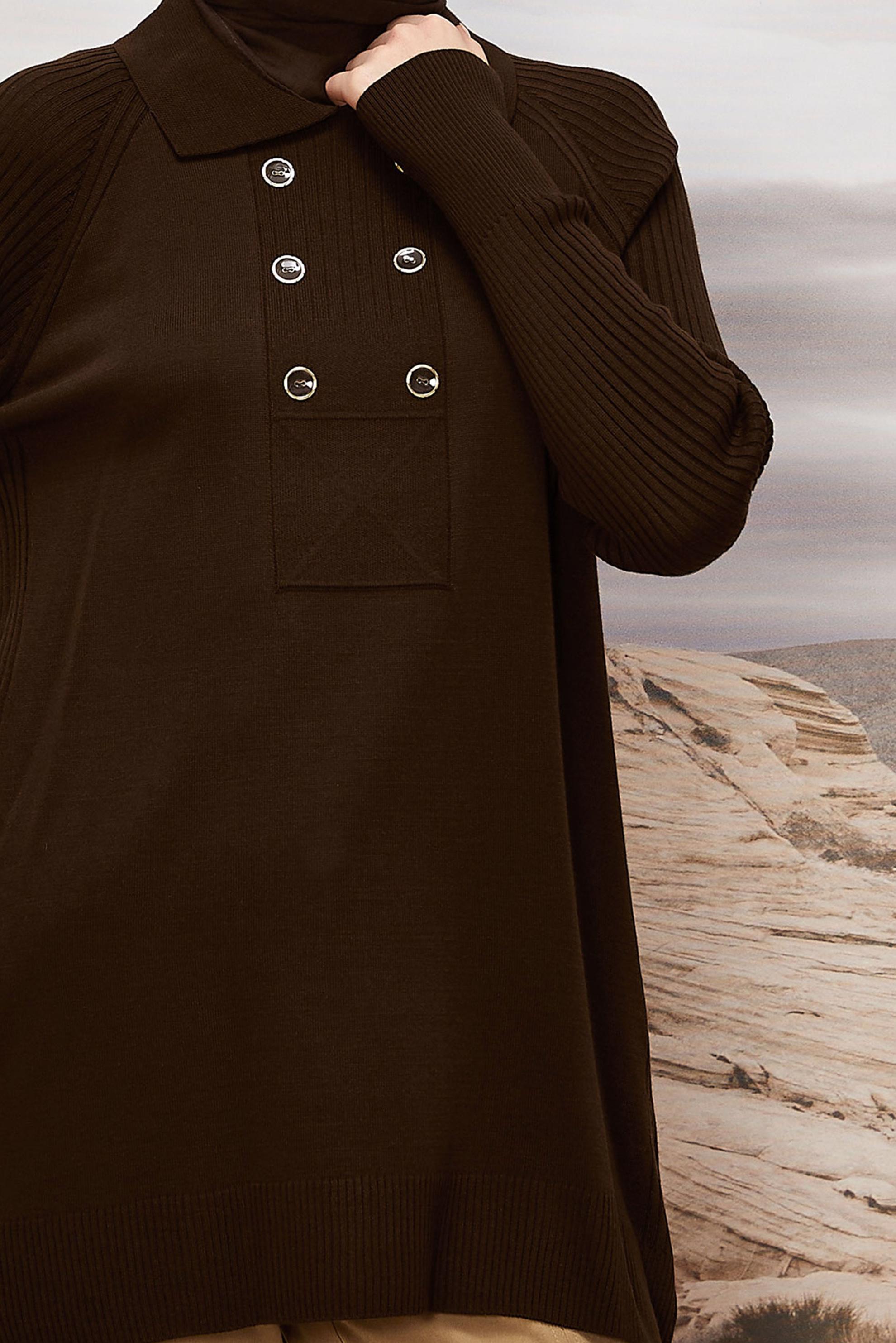 Tesettür giyim KAHVE GÖMLEK YAKA TRİKO TUNİK 45809