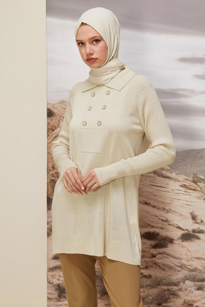 Vêtements hijab BEIGE TUNIQUE EN MAILLE À COL CHEMISE 45809 - ALVİNA