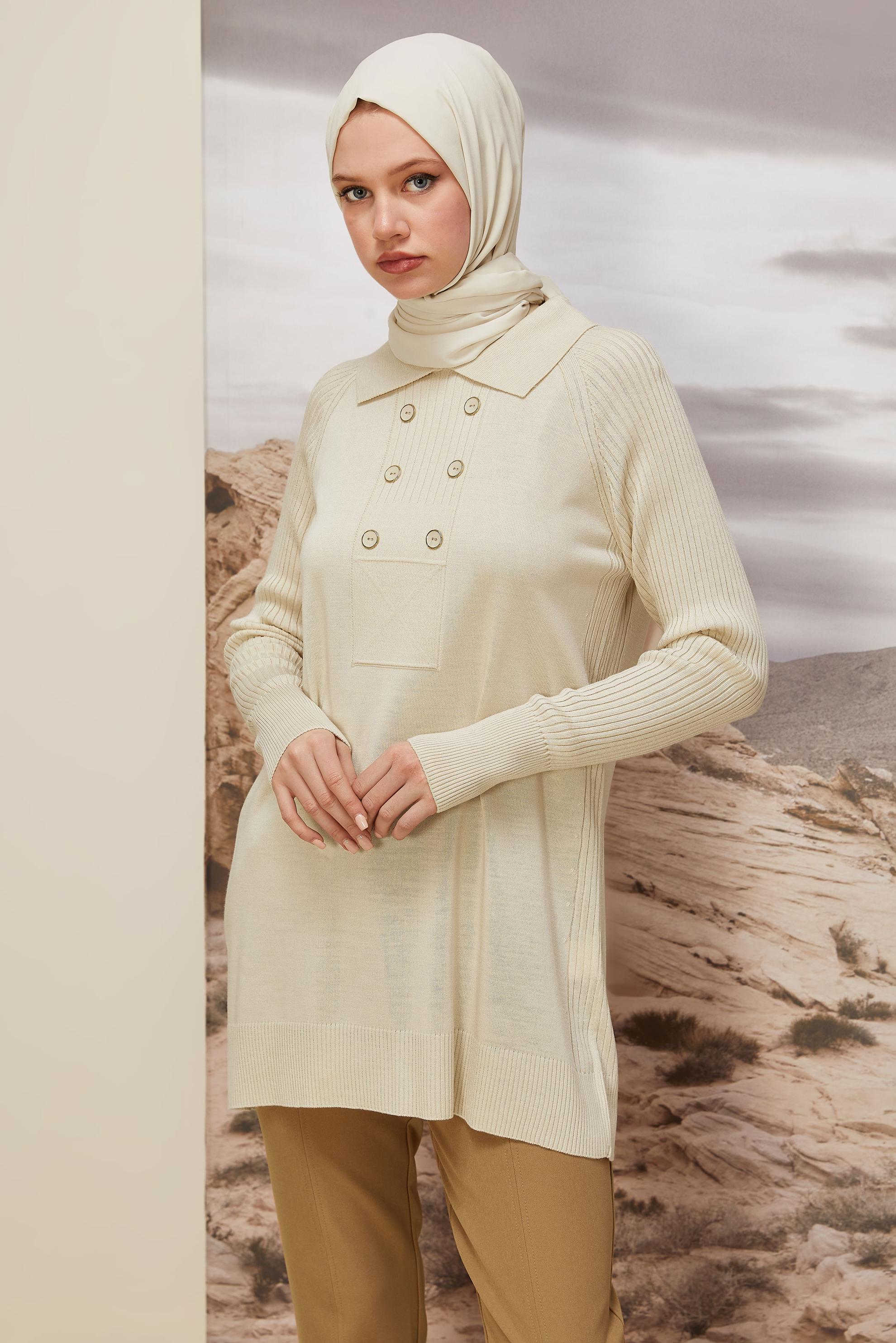 Tesettür giyim BEJ GÖMLEK YAKA TRİKO TUNİK 45809