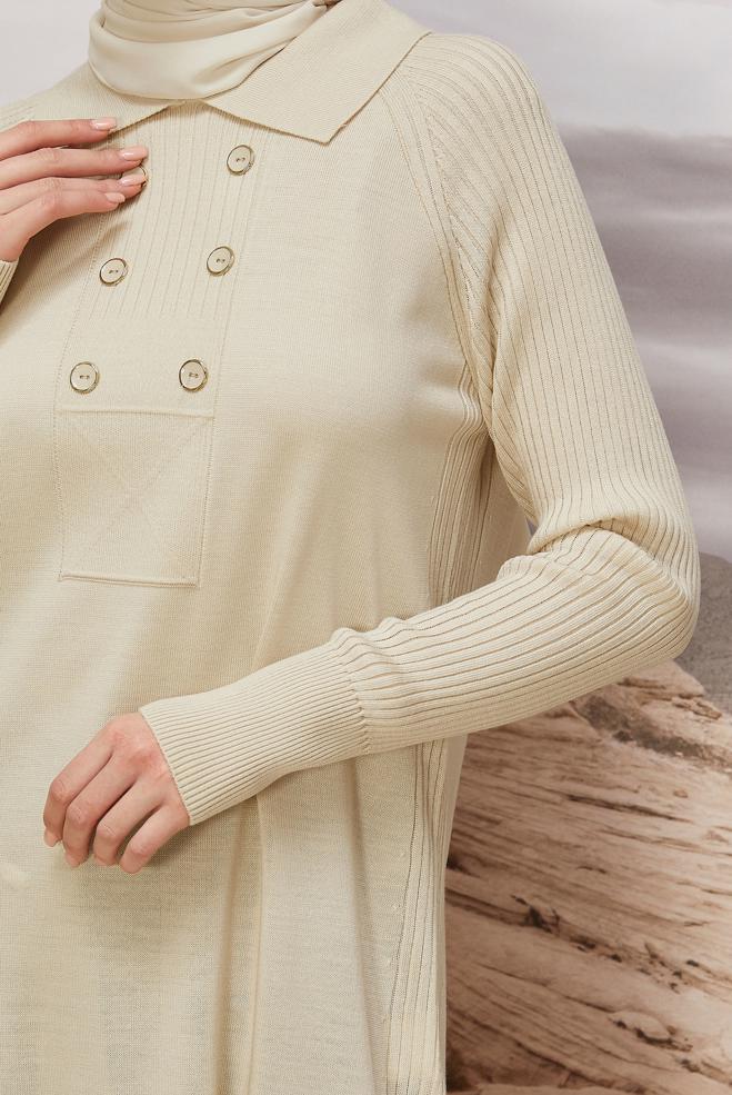 Vêtements hijab BEIGE TUNIQUE EN MAILLE À COL CHEMISE 45809 - ALVİNA