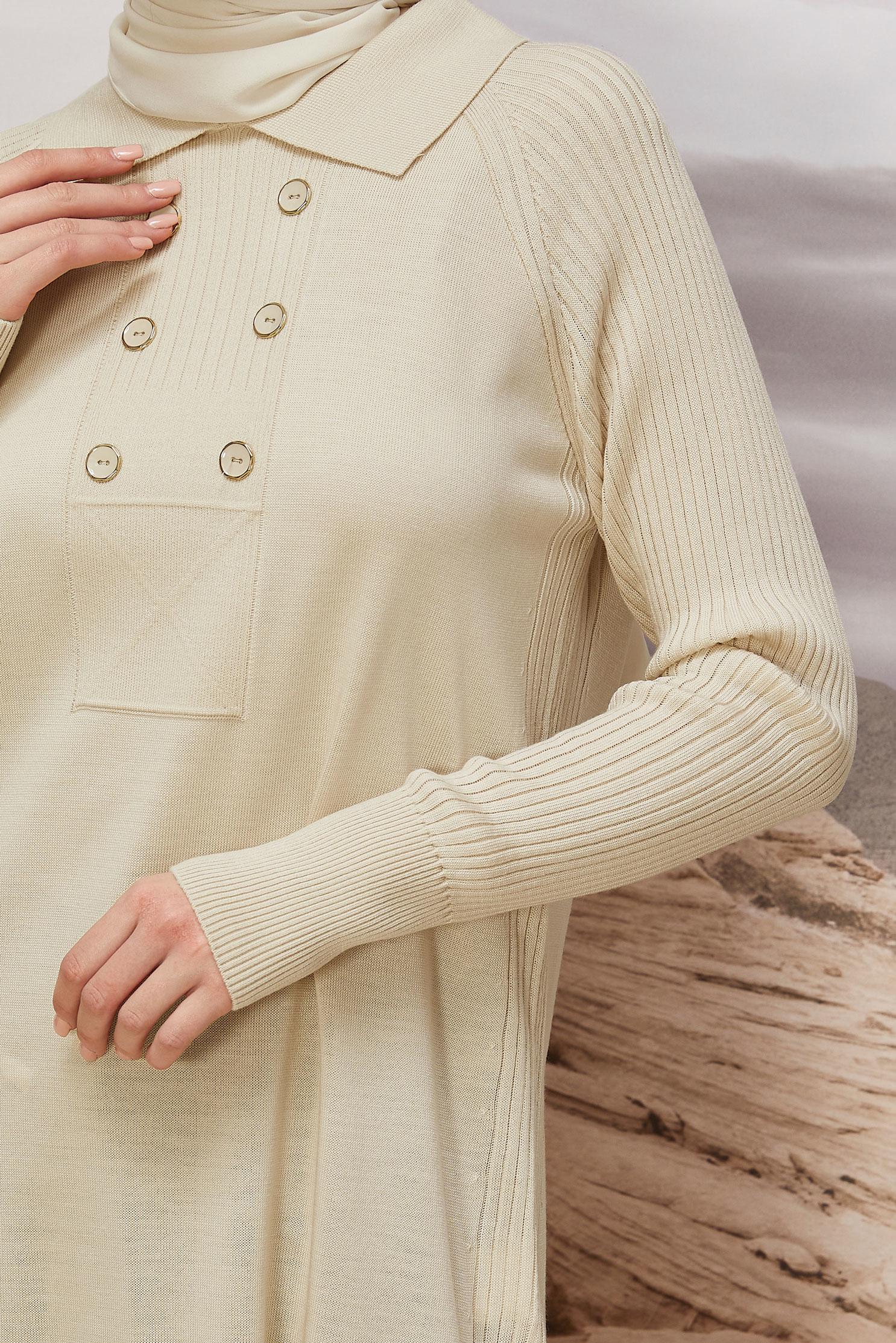 Tesettür giyim BEJ GÖMLEK YAKA TRİKO TUNİK 45809