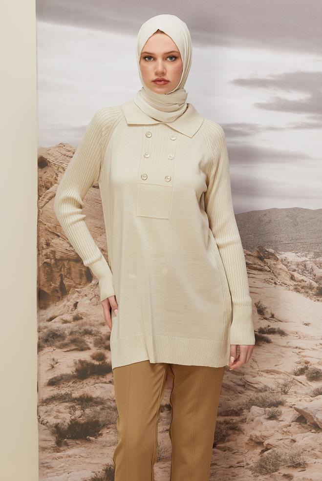 Vêtements hijab BEIGE TUNIQUE EN MAILLE À COL CHEMISE 45809 - ALVİNA