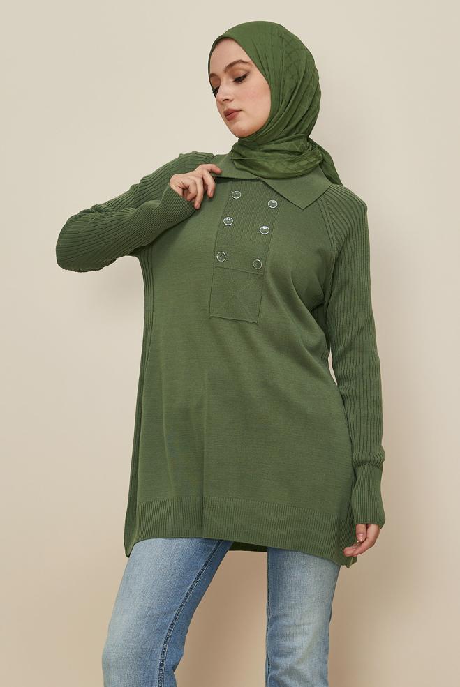 Tesettür giyim YEŞİL GÖMLEK YAKA TRİKO TUNİK 45809 - ALVİNA