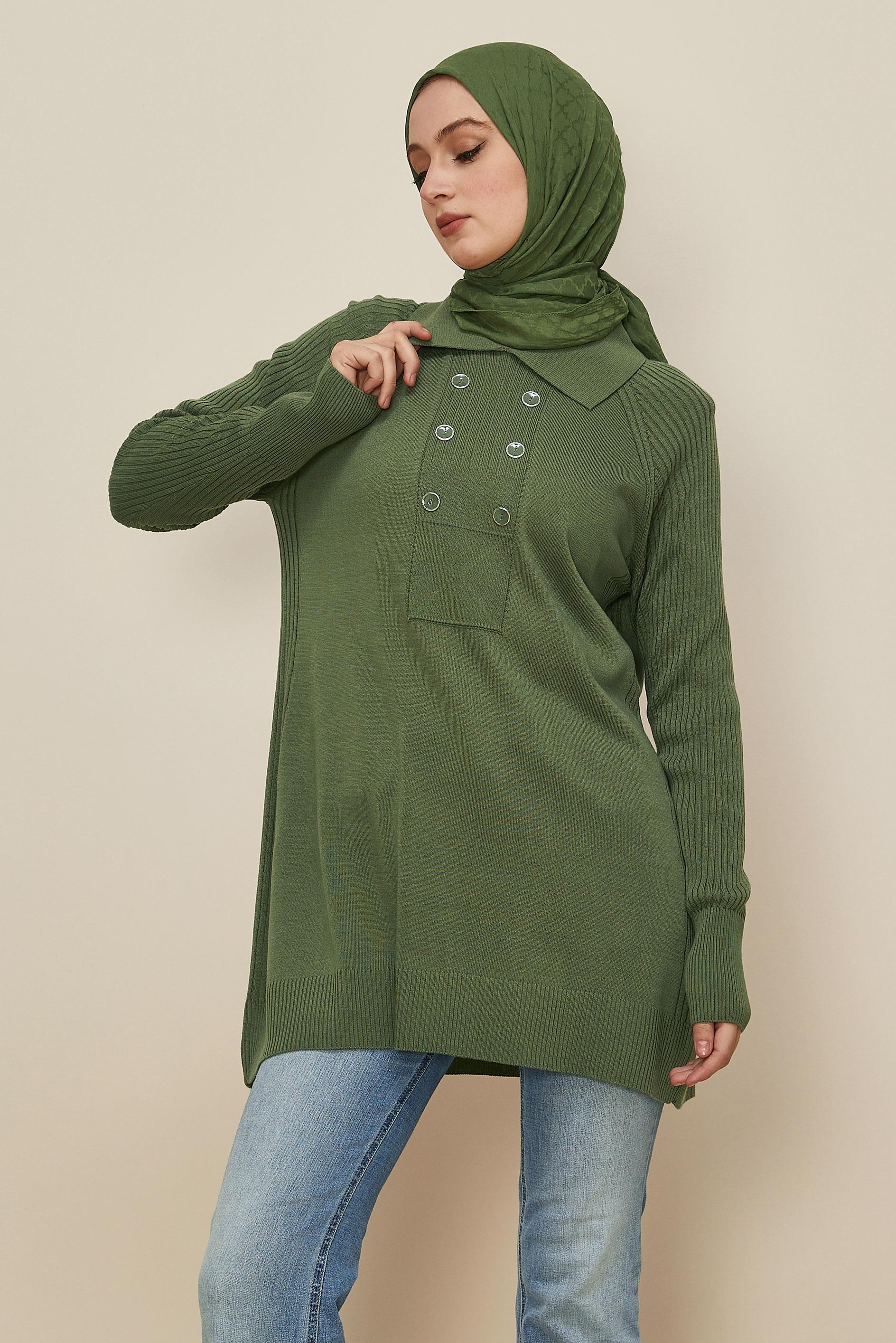 Tesettür giyim YEŞİL GÖMLEK YAKA TRİKO TUNİK 45809