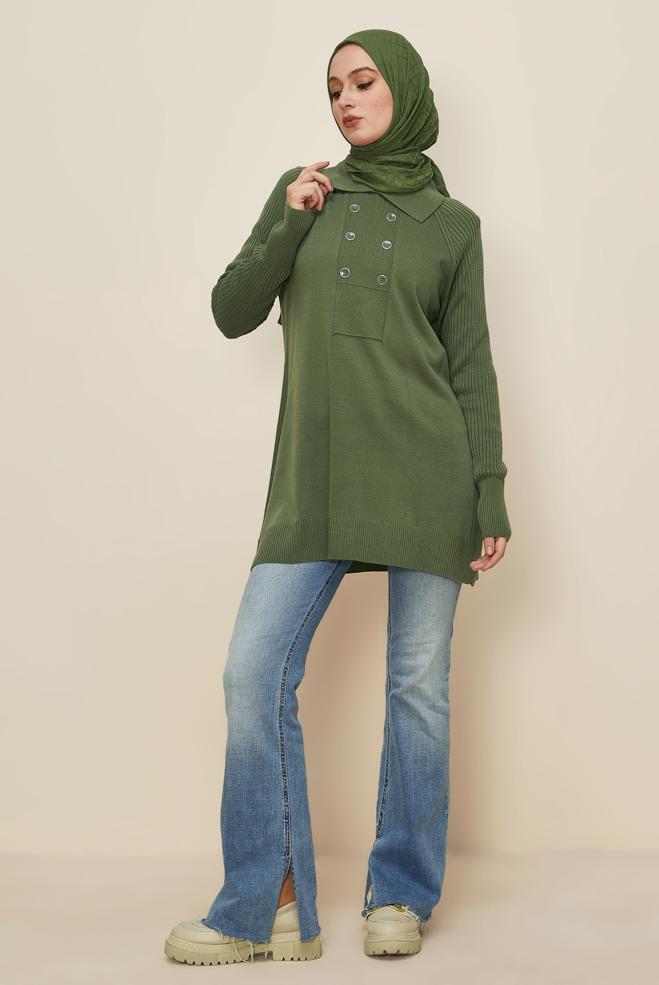 Tesettür giyim YEŞİL GÖMLEK YAKA TRİKO TUNİK 45809 - ALVİNA