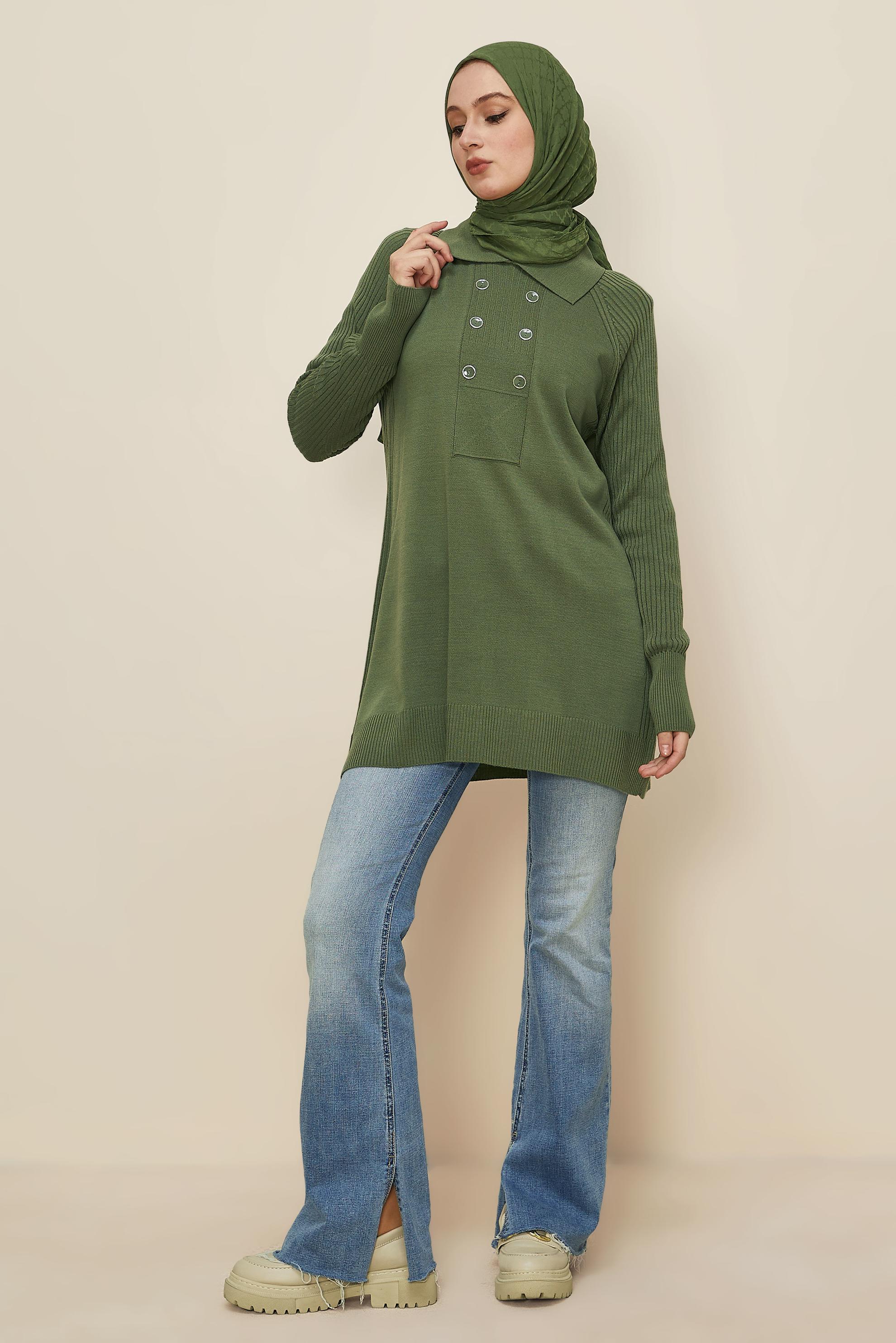 Tesettür giyim YEŞİL GÖMLEK YAKA TRİKO TUNİK 45809