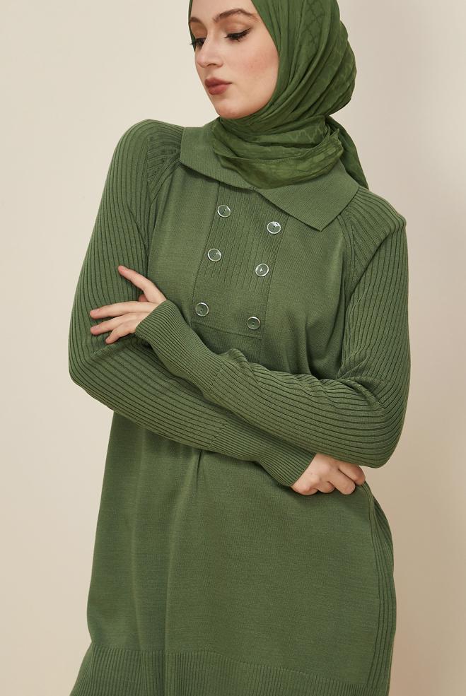 Tesettür giyim YEŞİL GÖMLEK YAKA TRİKO TUNİK 45809 - ALVİNA