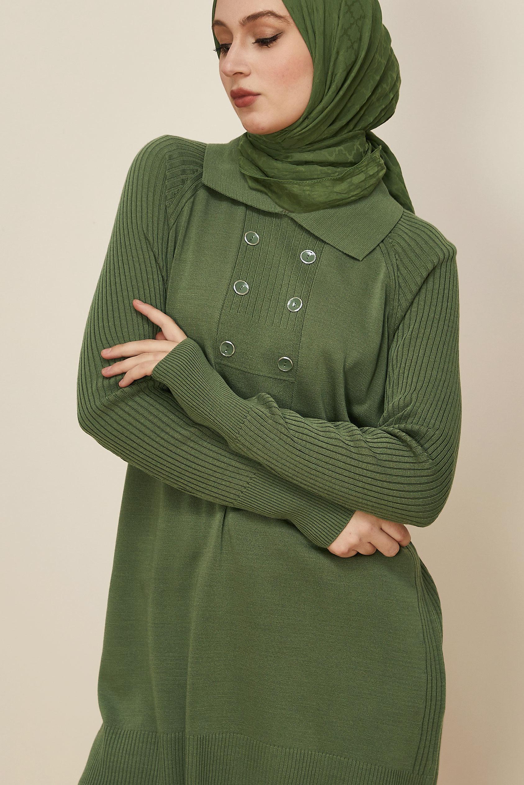 Tesettür giyim YEŞİL GÖMLEK YAKA TRİKO TUNİK 45809