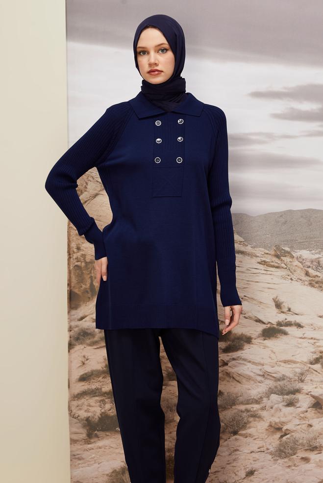 Vêtements hijab BLEU MARINE TUNIQUE EN MAILLE À COL CHEMISE 45809 - ALVİNA