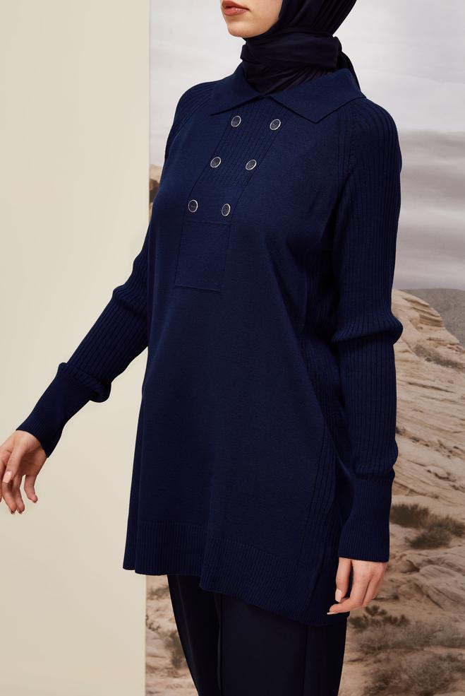 Vêtements hijab BLEU MARINE TUNIQUE EN MAILLE À COL CHEMISE 45809 - ALVİNA