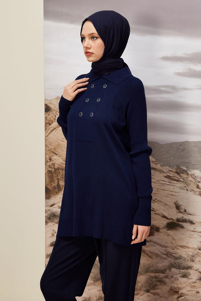 Vêtements hijab BLEU MARINE TUNIQUE EN MAILLE À COL CHEMISE 45809 - ALVİNA