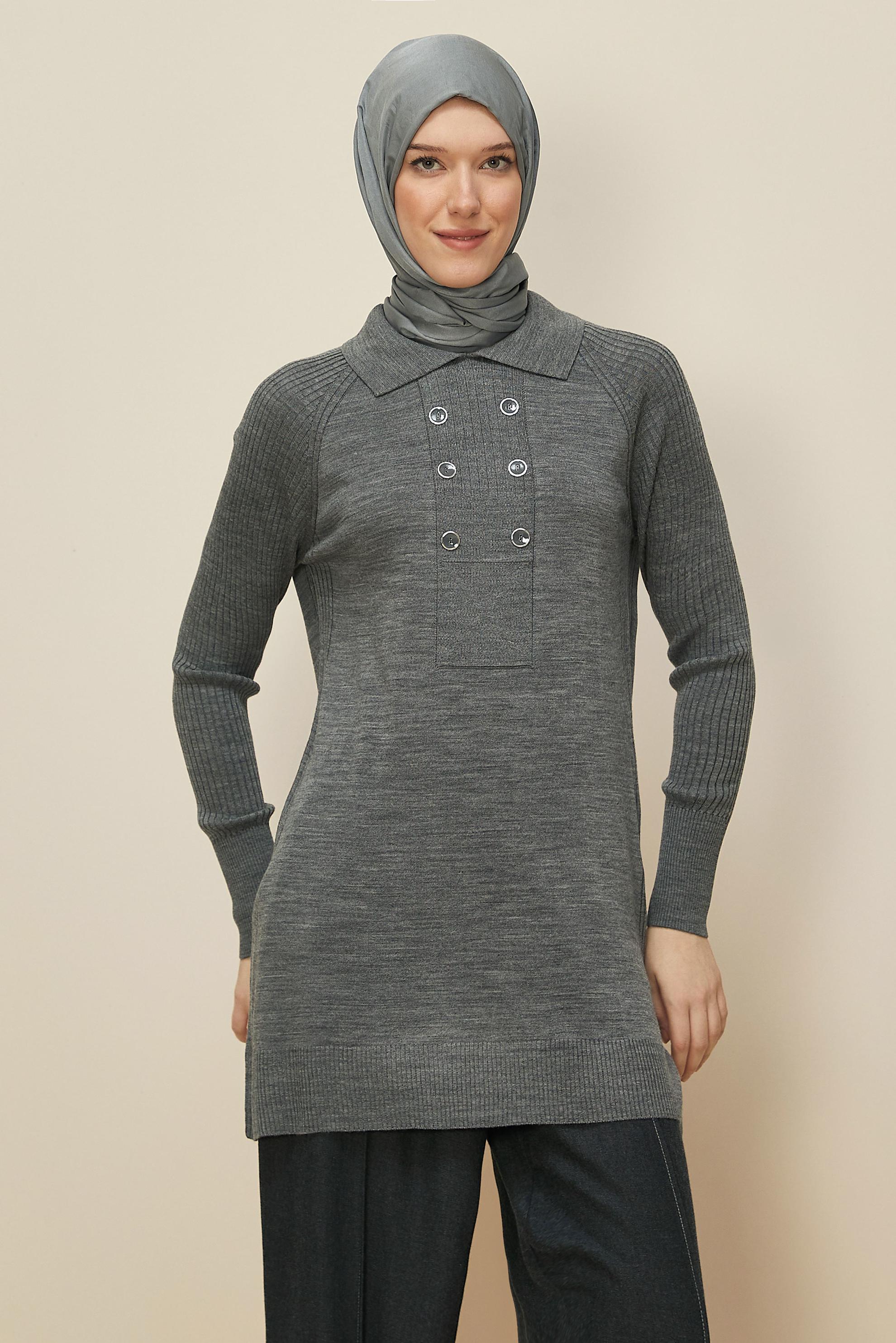 Tesettür giyim GRİ GÖMLEK YAKA TRİKO TUNİK 45809