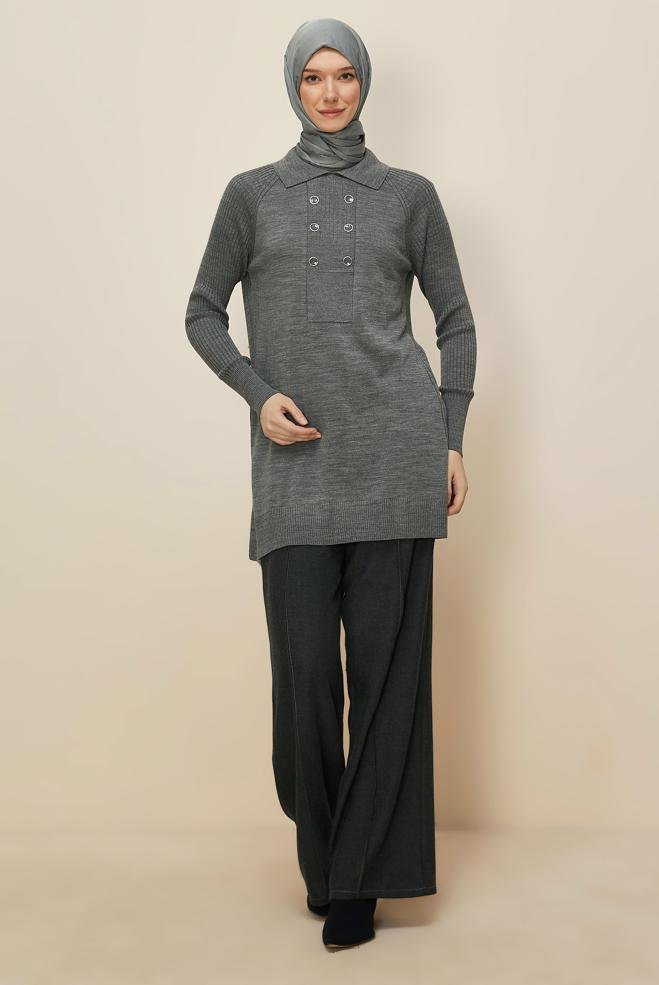 Tesettür giyim GRİ GÖMLEK YAKA TRİKO TUNİK 45809 - ALVİNA