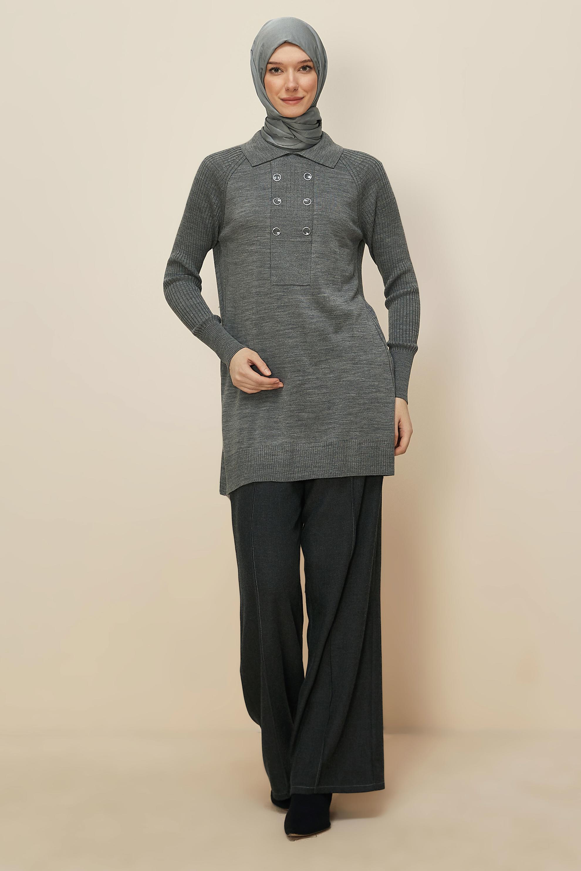Tesettür giyim GRİ GÖMLEK YAKA TRİKO TUNİK 45809