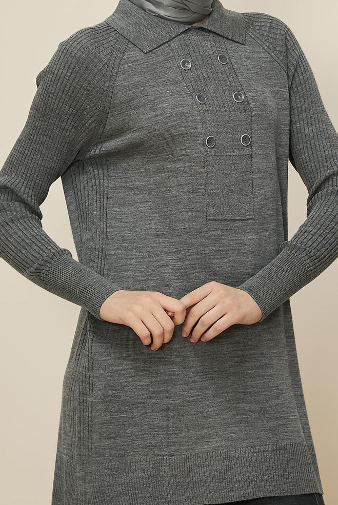Tesettür giyim GRİ GÖMLEK YAKA TRİKO TUNİK 45809 - ALVİNA