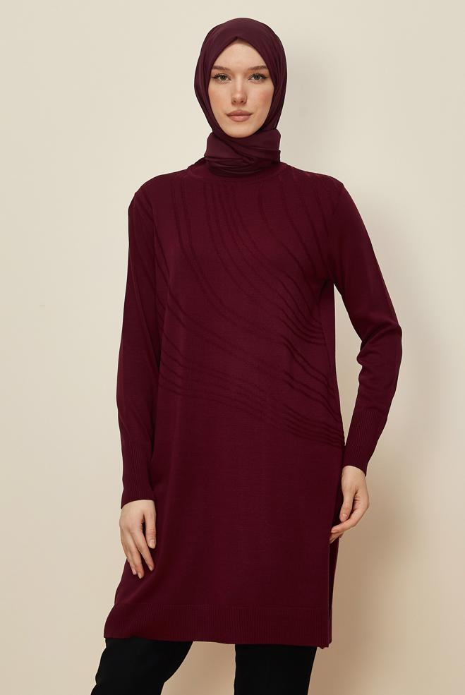 Hijab clothing CLARET RED PATTERNED KNITWEAR TUNIC 45810 - ALVİNA
