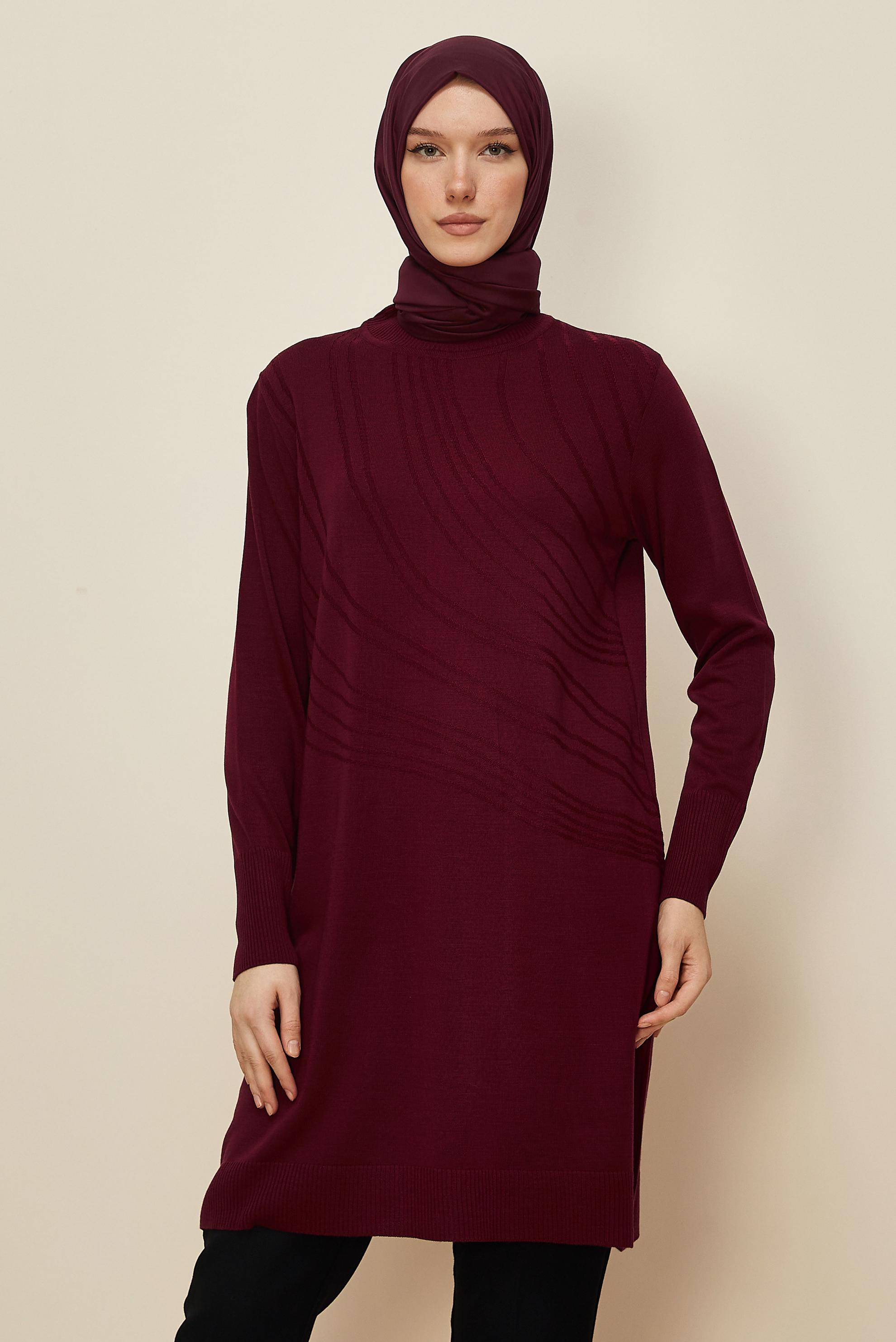 Hijab clothing CLARET RED PATTERNED KNITWEAR TUNIC 45810