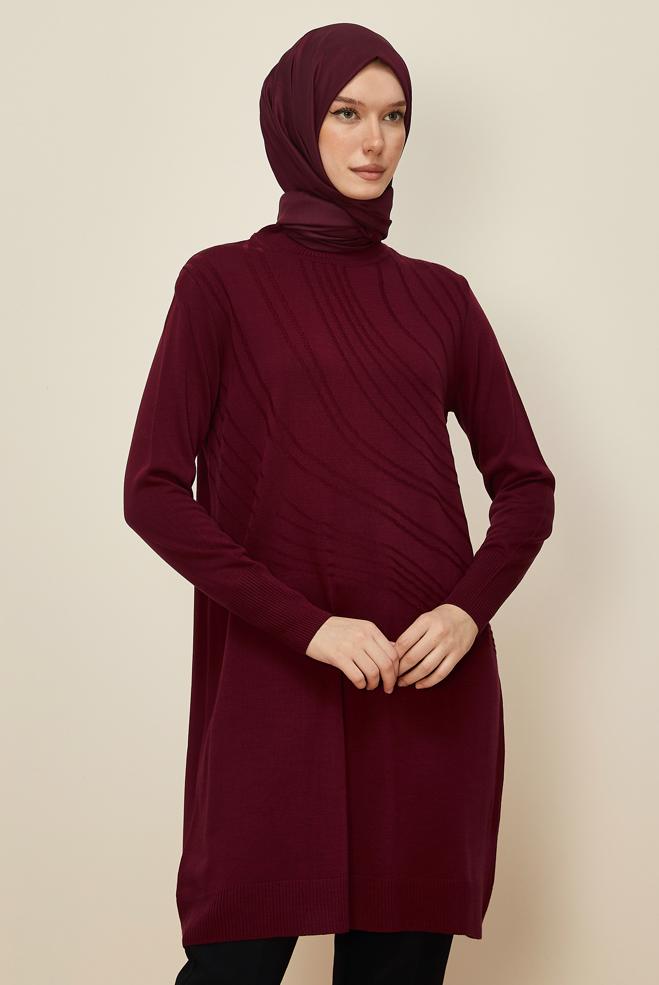 Hijab clothing CLARET RED PATTERNED KNITWEAR TUNIC 45810 - ALVİNA