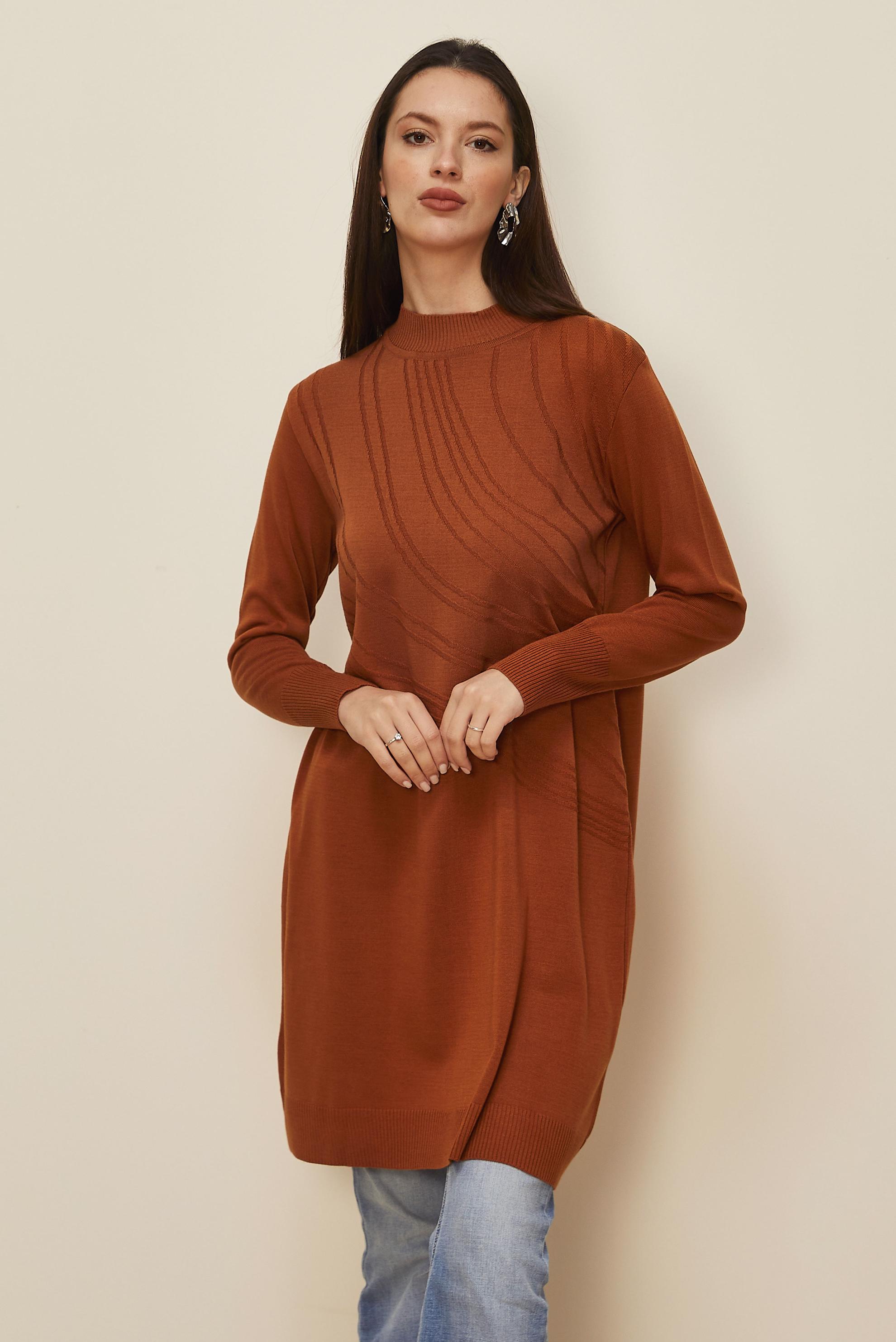 Tesettür giyim TURUNCU DESENLİ TRİKO TUNİK 45810