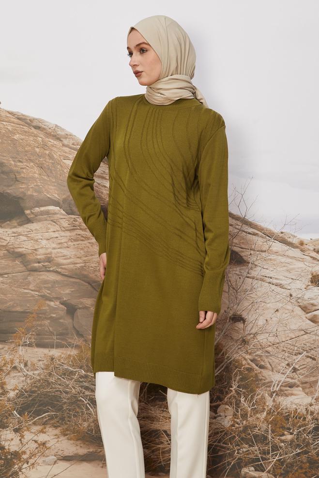 Tesettür giyim YEŞİL DESENLİ TRİKO TUNİK 45810 - ALVİNA