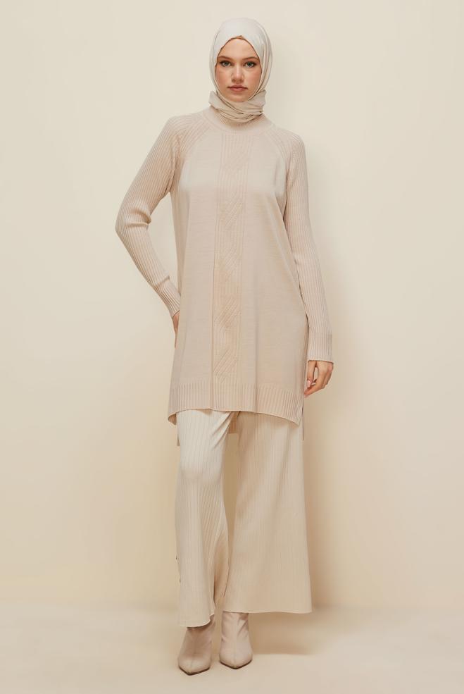 Vêtements hijab BEIGE TUNIQUE EN MAILLE 45812 - ALVİNA