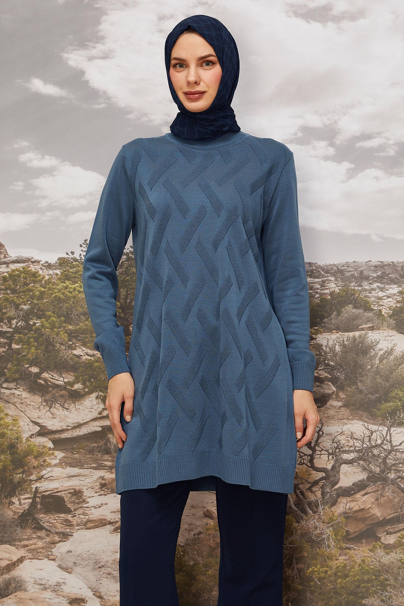 Vêtements hijab BLEU MARINE TUNIQUE EN MAILLE À MOTIFS 45813