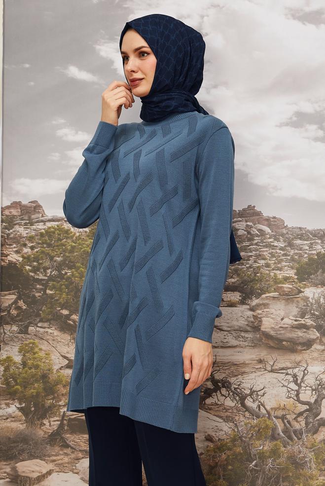 Vêtements hijab BLEU MARINE TUNIQUE EN MAILLE À MOTIFS 45813 - ALVİNA