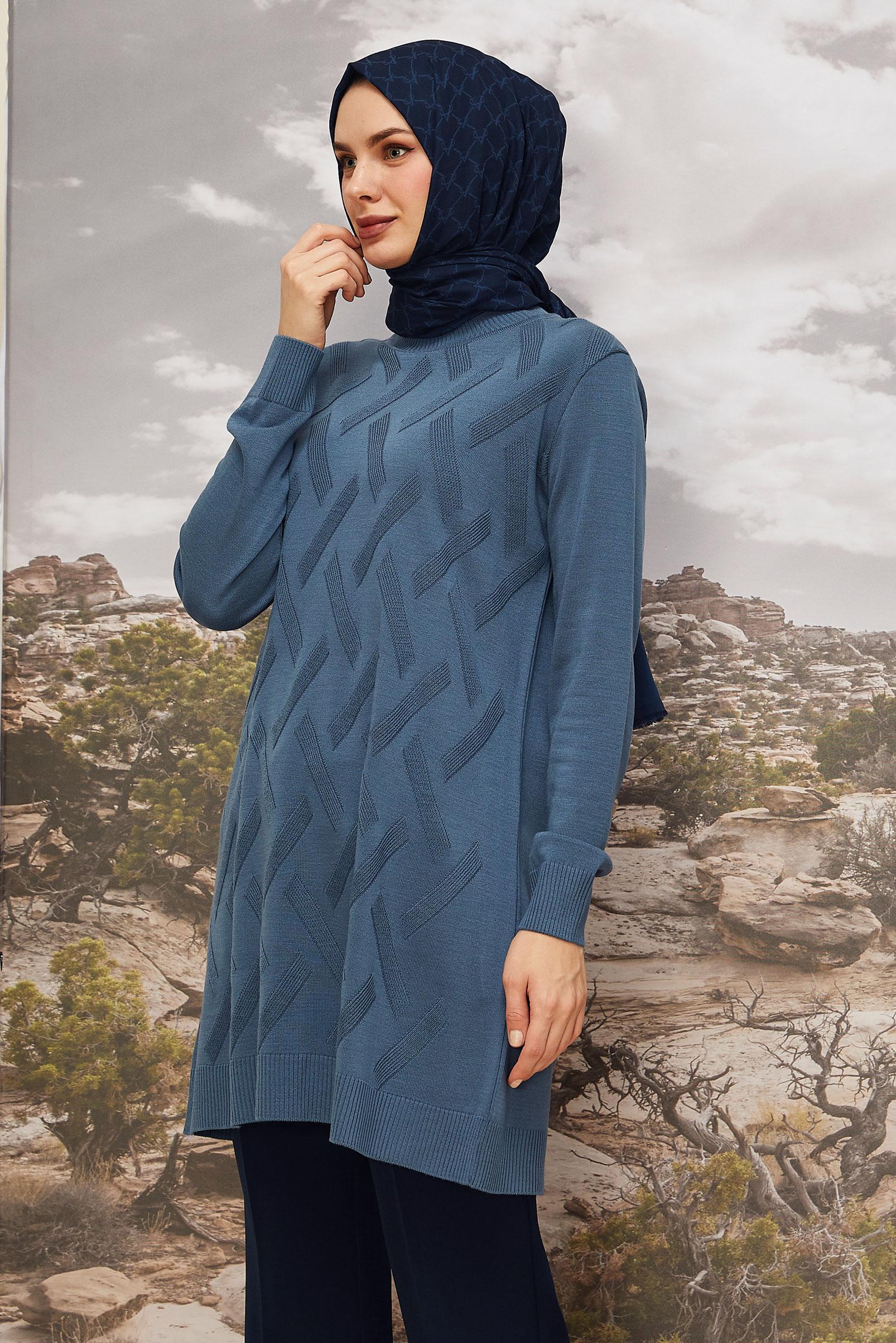 Vêtements hijab BLEU MARINE TUNIQUE EN MAILLE À MOTIFS 45813