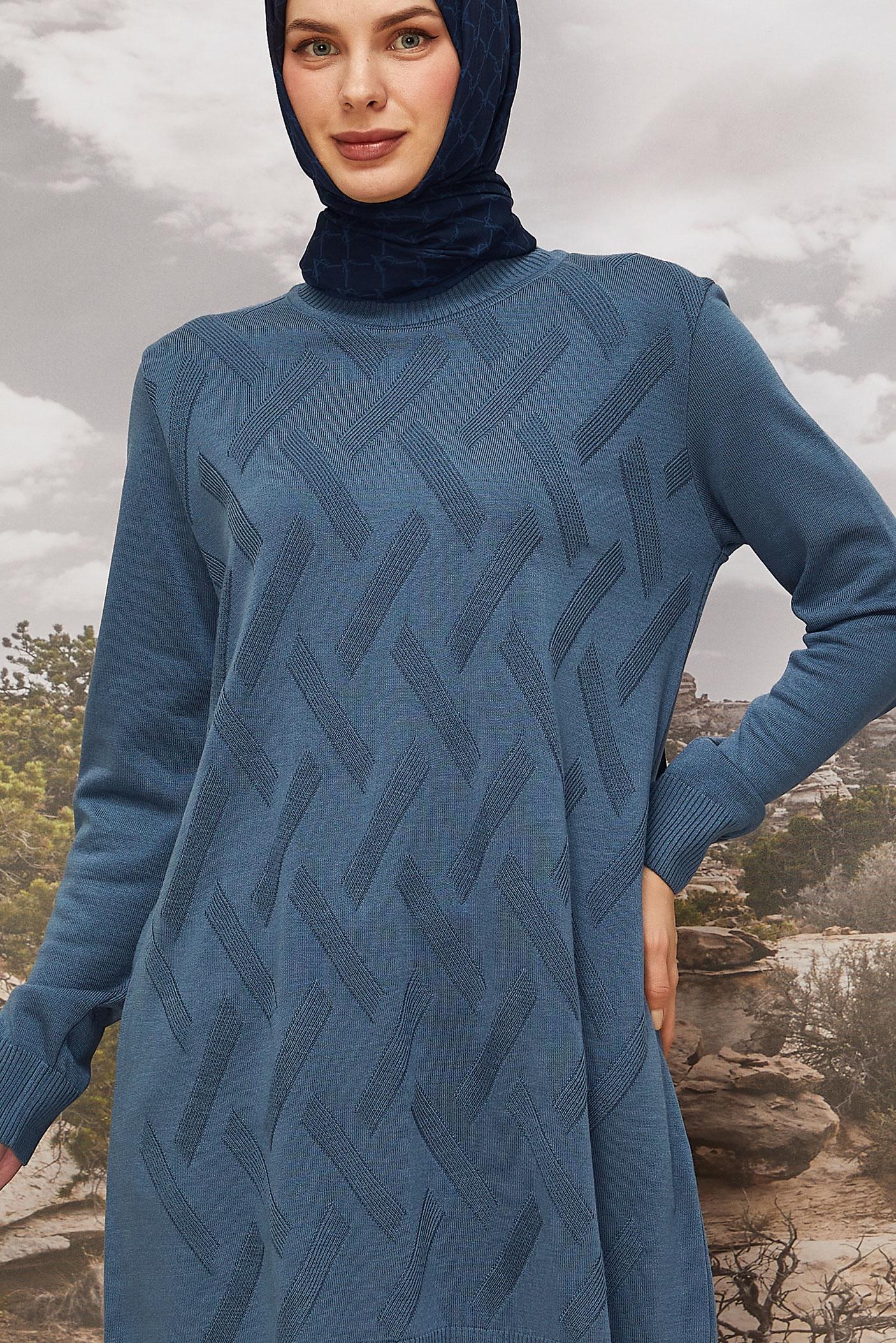 Vêtements hijab BLEU MARINE TUNIQUE EN MAILLE À MOTIFS 45813